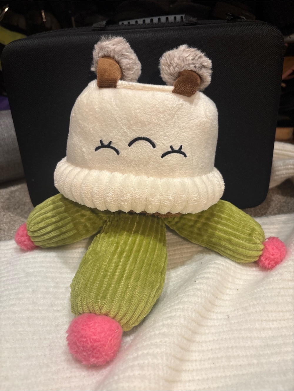 Plush Cream & Green Bear Toy with Pink Pom-Poms